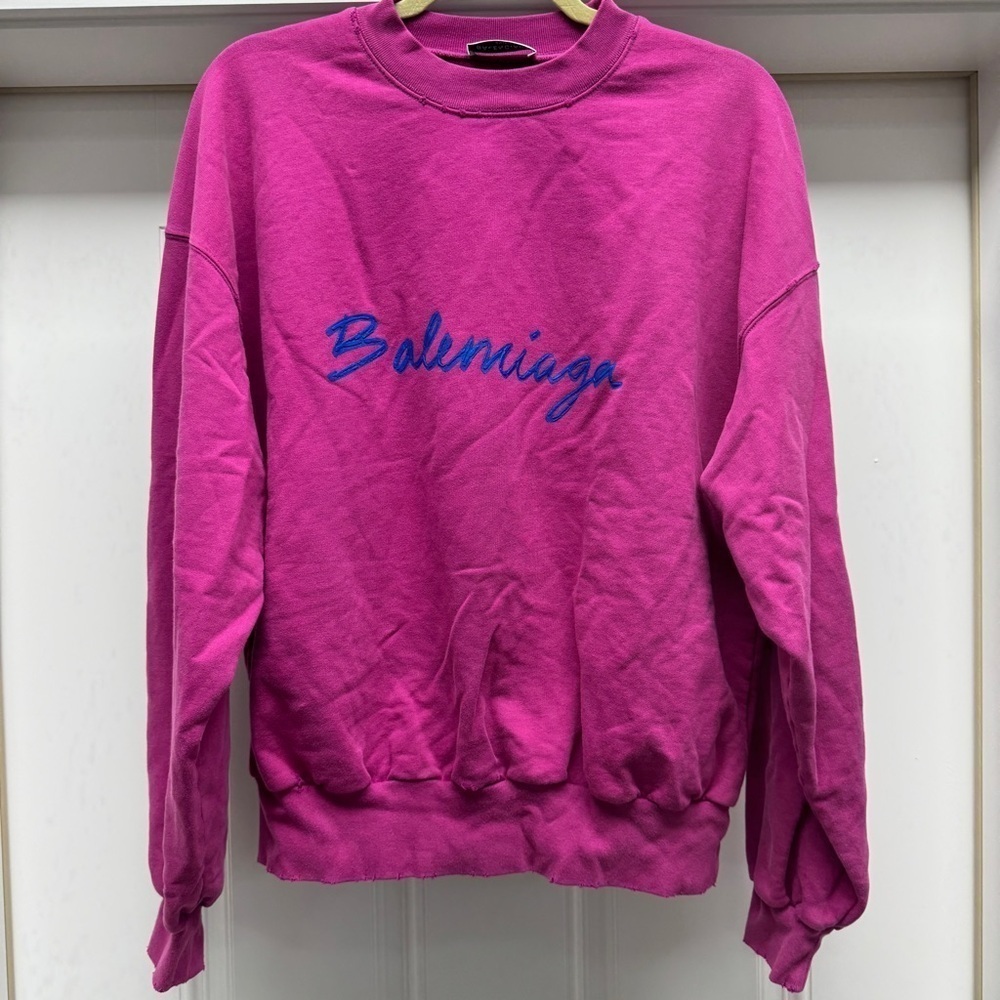 Balenciaga Ladies Dark Fuchsia Brushstroke Logo Print Sweatshirt - Picture 3 of 16